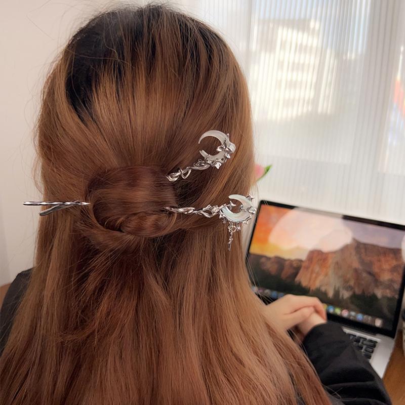 1PC Romantic Moonstone Star Moon Hair Stick Metal Branch Hairpin Hair Fork Chinese Style Hair Accessories for Girls Hair Jewelry
