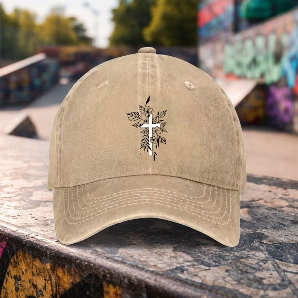 Floral Cross Washed Baseball Cap Premium Cotton Adjustable Outdoor Duck Tongue Hat