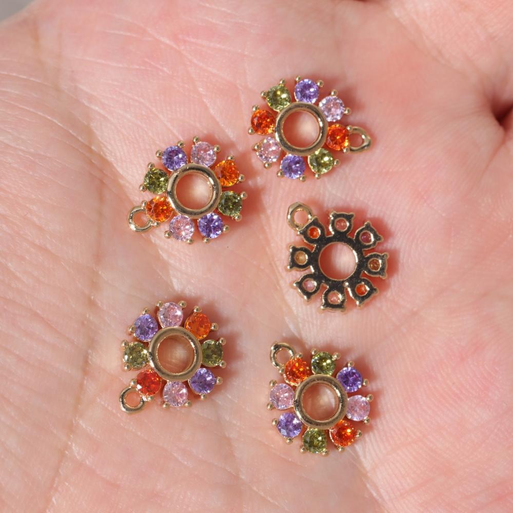 Multicolor Rainbow Zirconia Sunflower Copper Charms, Golden Plated Cute Pendants for DIY Earring Necklace Craft Making