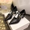 Fashion Hot Selling 2025 Elegant Pointed Toe Ladies Office Work Shoes Spring Summer T-straps Women's Mid Heels Hollow Out Dress Pumps