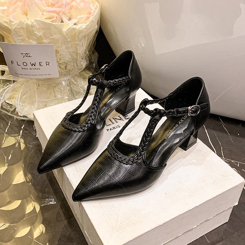 Fashion Hot Selling 2025 Elegant Pointed Toe Ladies Office Work Shoes Spring Summer T-straps Women's Mid Heels Hollow Out Dress Pumps
