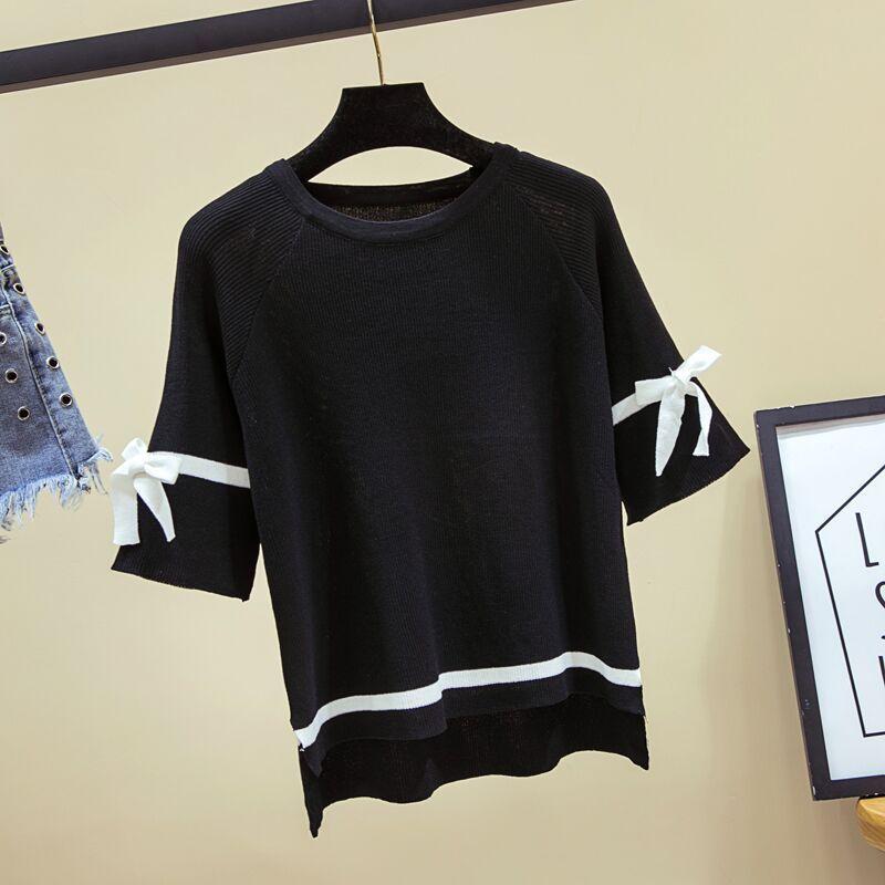 Women Flare Half Sleeve Temperament All-match Tees Spring Summer Oversized Elegant Fashion Bow Knitted Pullover T-shirt Tops