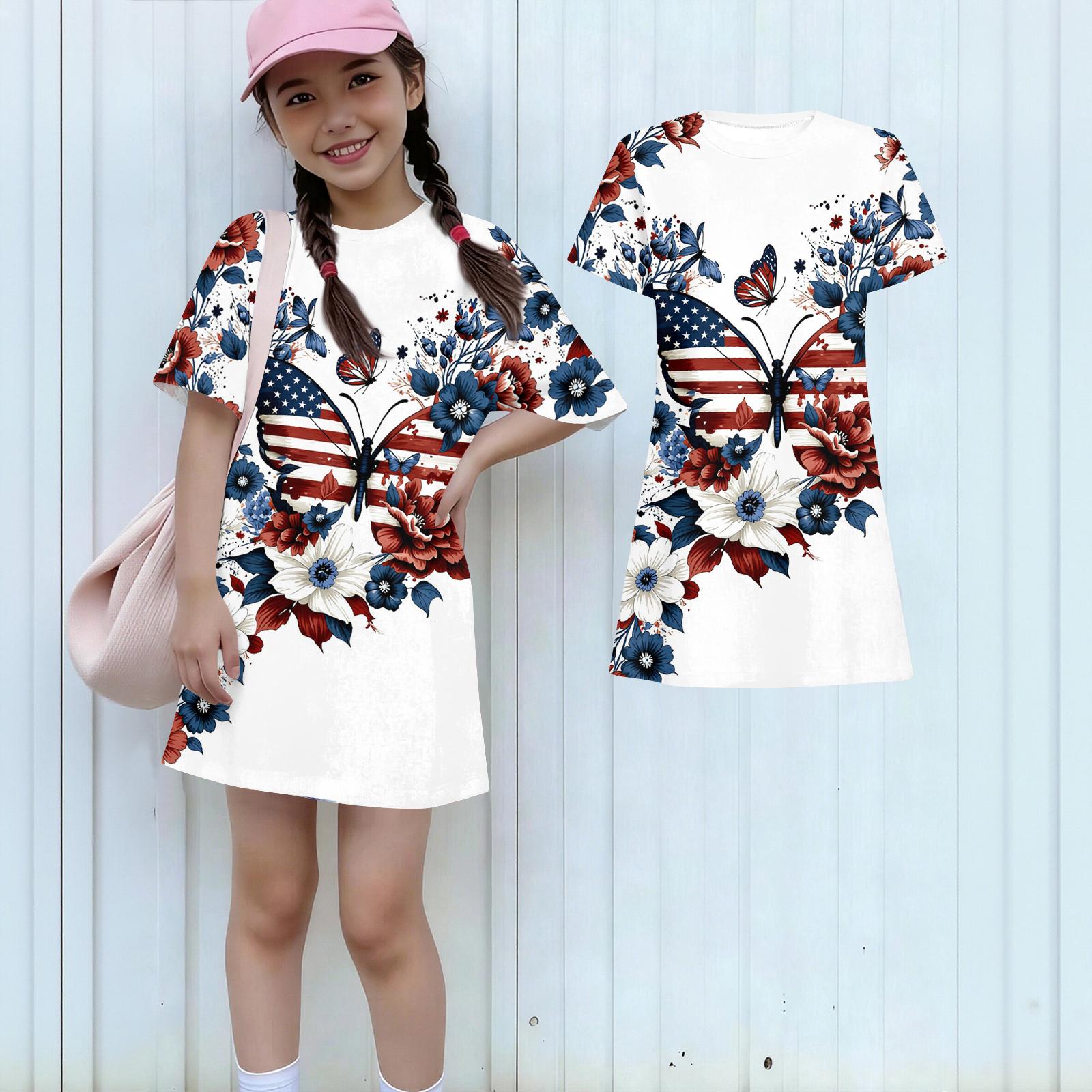 

Девочки День Независимости Принт Повседневное Платье Дети Свободное Круглый Вырез Короткий Рукав Тонкое Летнее Платье 150