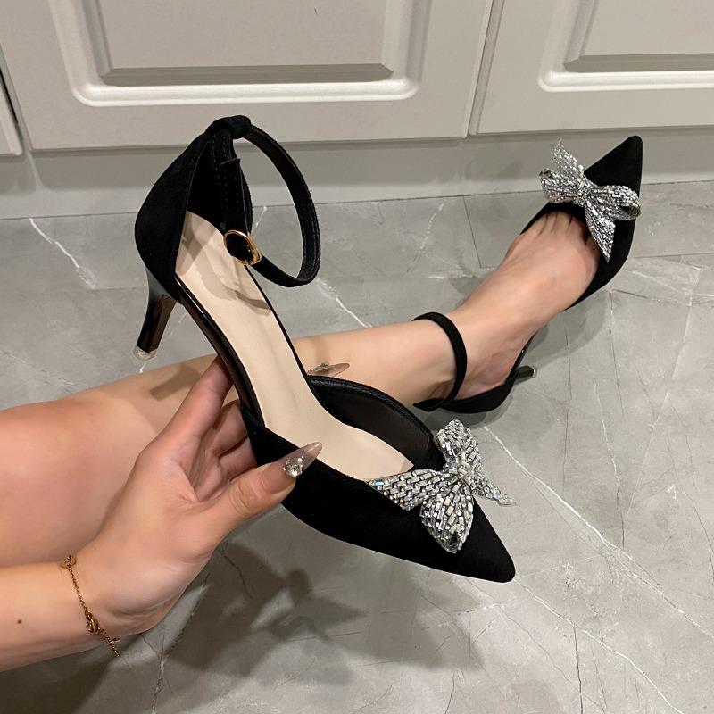 Stylowe sandały z kokardką z cyrkonii Jesień Nowość Szpiczasty nosek Płaskie Zamszowe Pasek wsuwany Wysokie obcasy