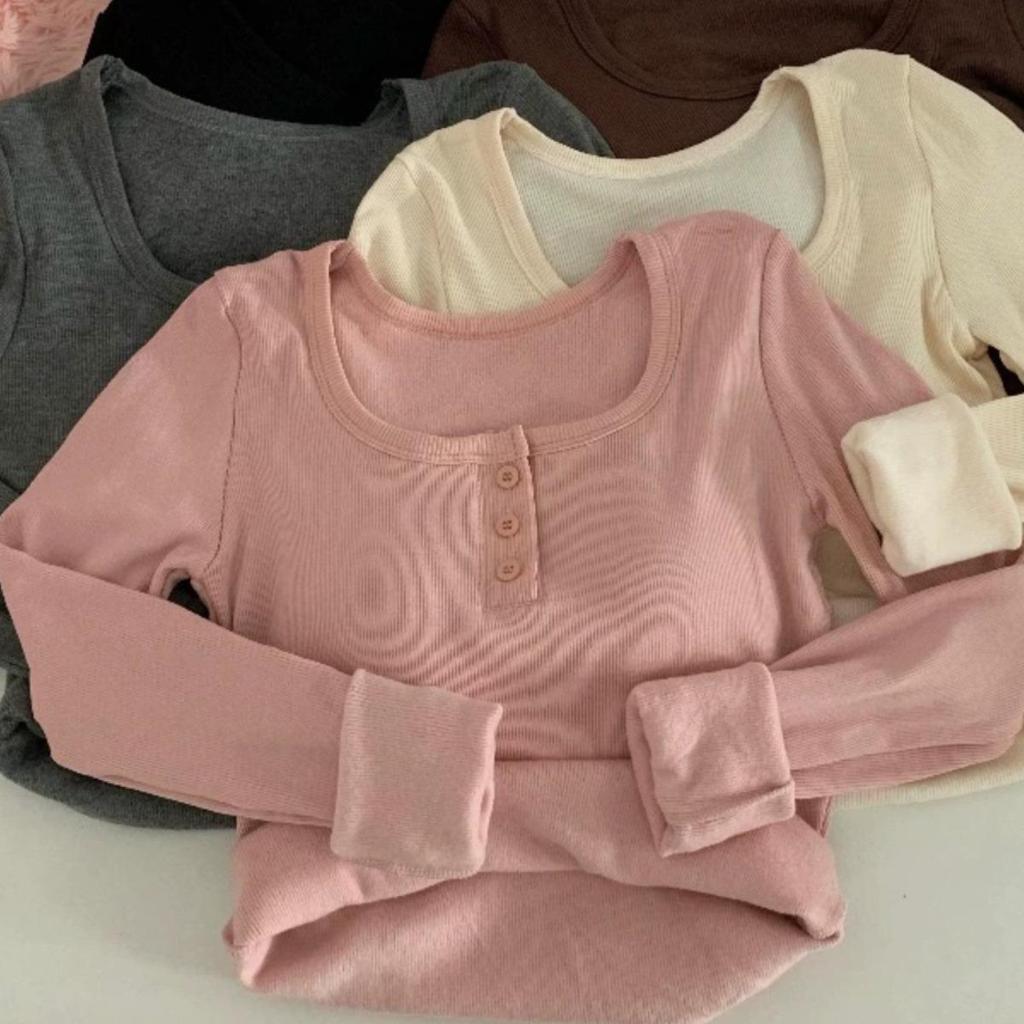 Women's Slim Fit Square Collar Long-Sleeved T-Shirt with Chest Pads for Autumn and Winter