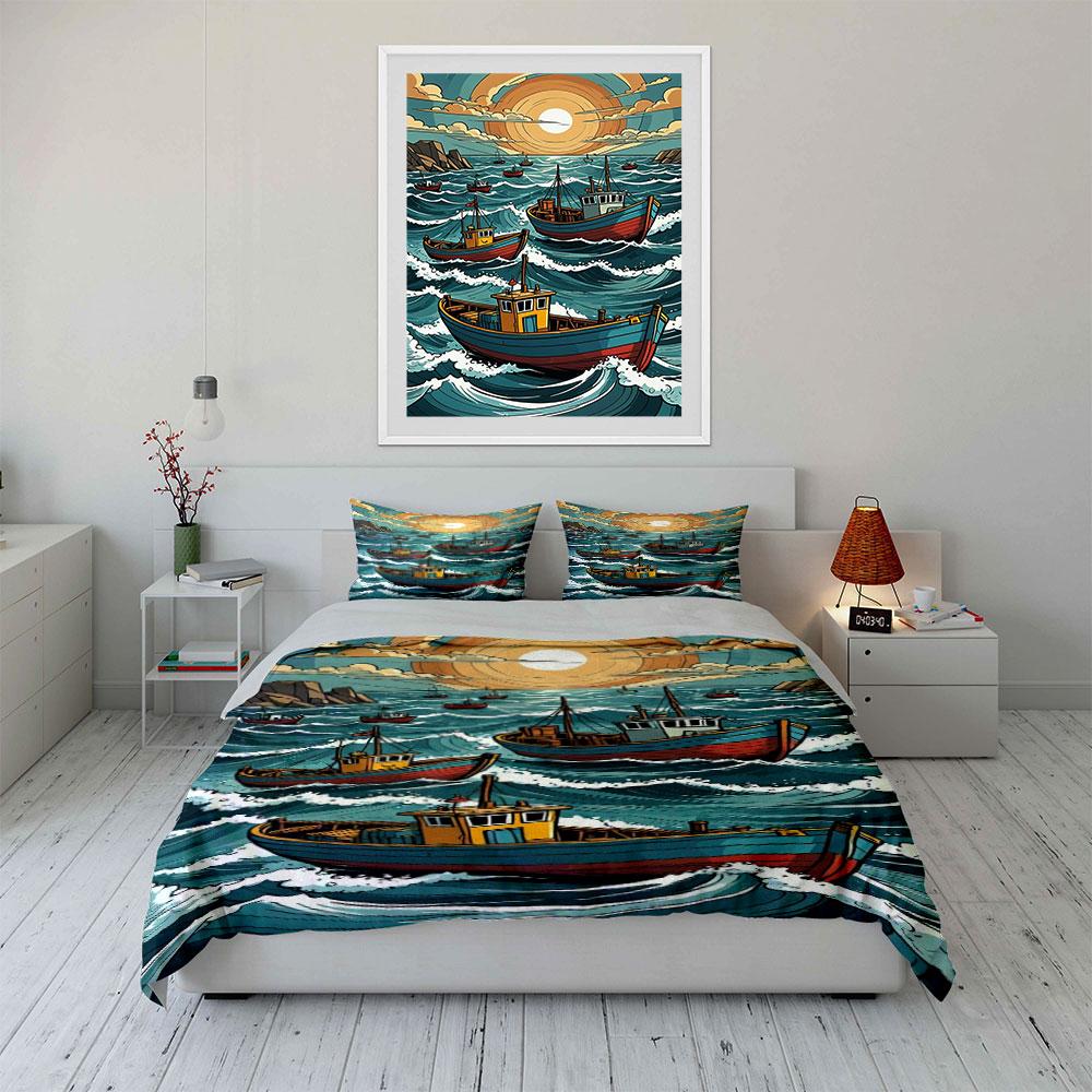 Boats, waves, sun, clouds. Bedding sets Duvet cover sets Duvet covers Pillowcases(1*Duvet Cover 2*Pillowcases without duvet insert)