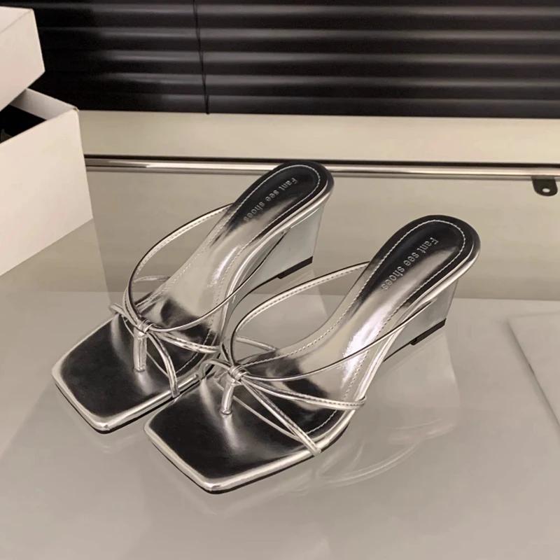 Fashion Summer New Brand Women Slipper Fashion Narrow Band Ladies Elegant Sandal High Weadge Heel Outdoor Elegant Slides