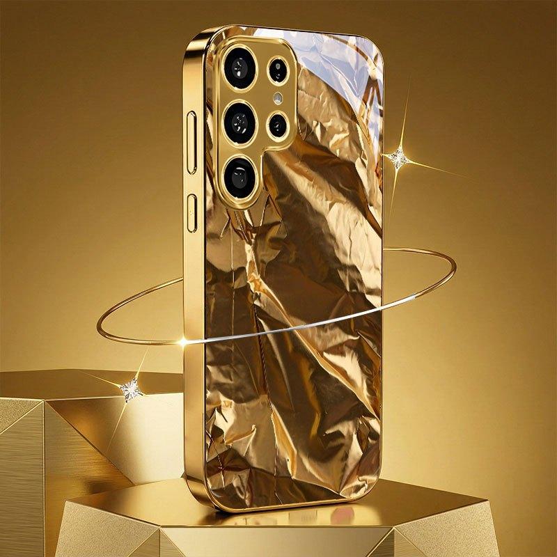 Metallic Paint Tempered Glass Phone Case for Ultra Full Gold Electroplated Frame Crinkle Gold Foil Glossy Mirror Cover