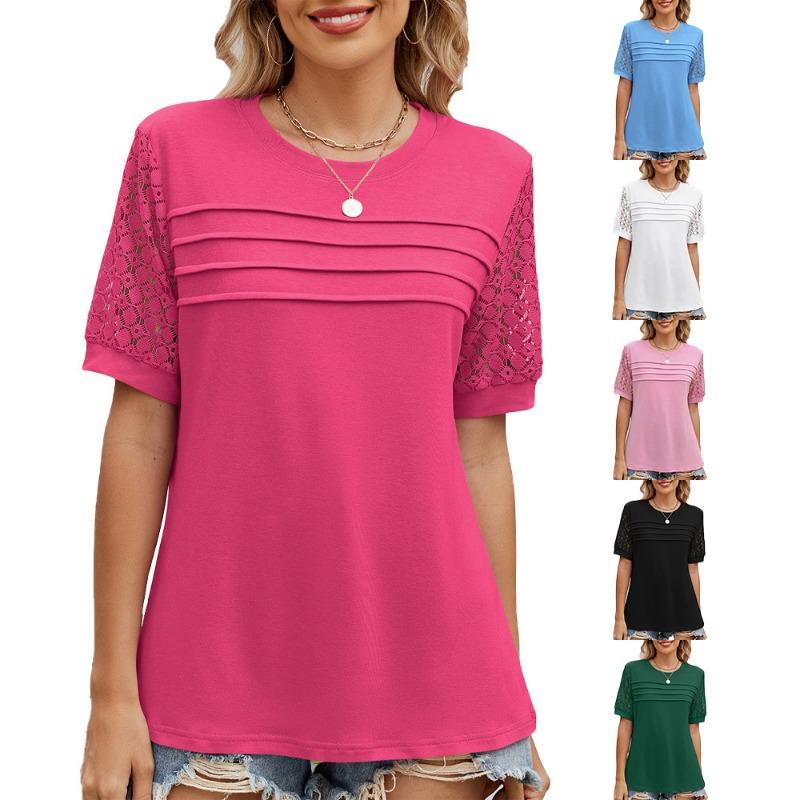 Dámské jarní letní jednobarevné tričko s kulatým výstřihem a strečovými krajkovými rukávy