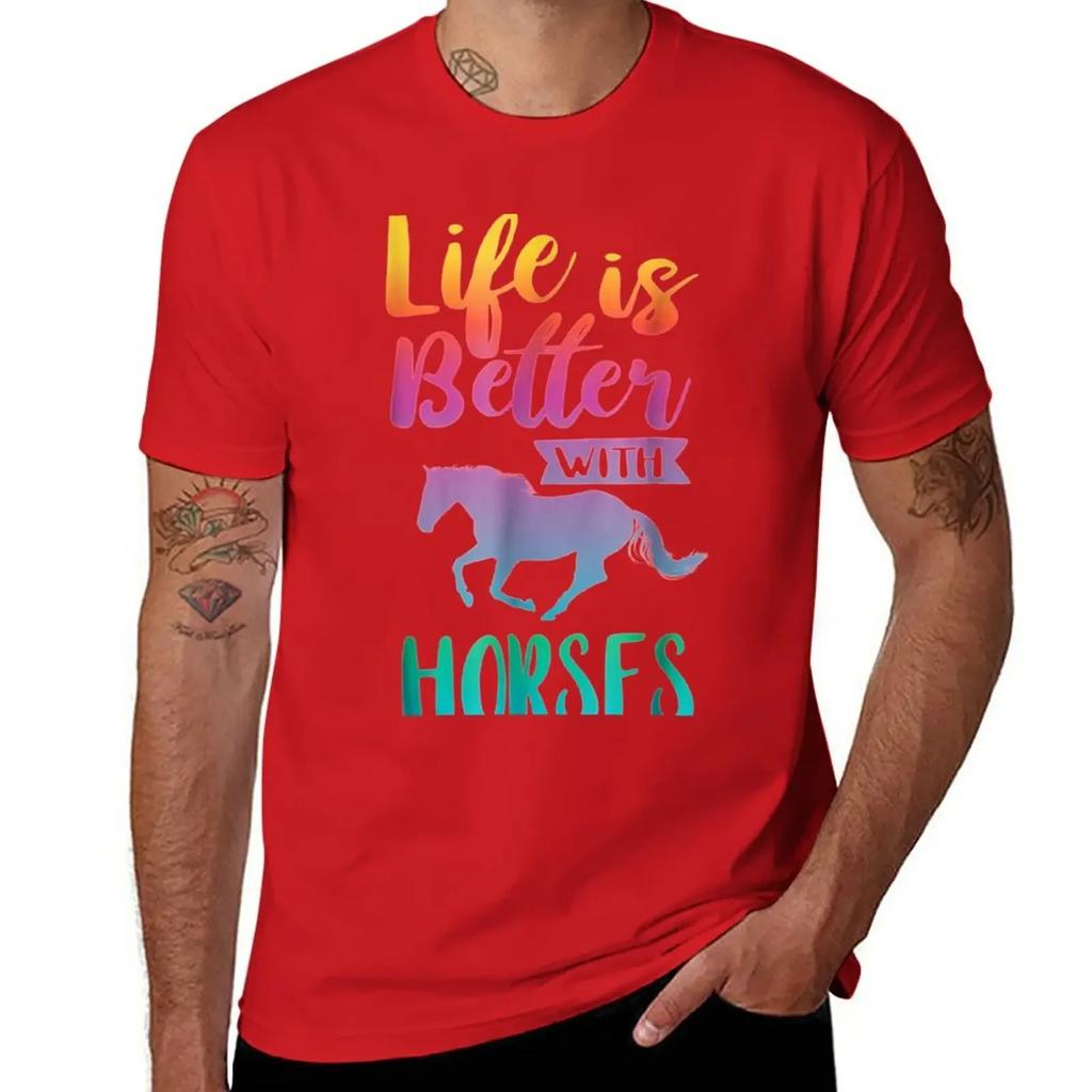 Cute Life Is Better With Horses Horseback Riding T-Shirt for a Boy Summer Top Men Graphic T Shirts