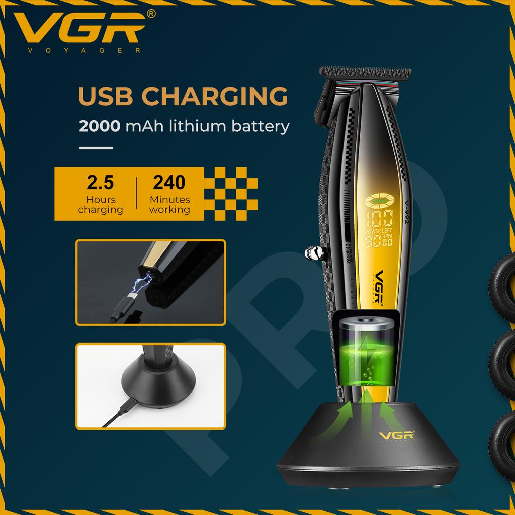 VGR V-992 Professional Electric Push Shear Metal Mecha Wind Body Men with Base Hair Clipper Digital Display Oil Head Carving Safe and Skin-friendly