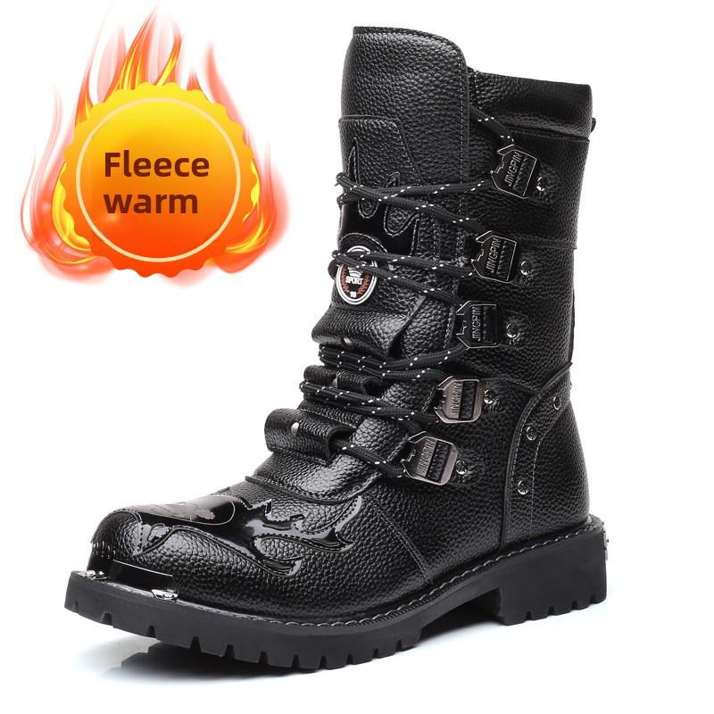 Fashion Men's Military Combat Boots Leather Strap Metal Motorcycle Riding Boots Punk Rock Shoes Anti-slip Zapatos De Seguridad De Hombre