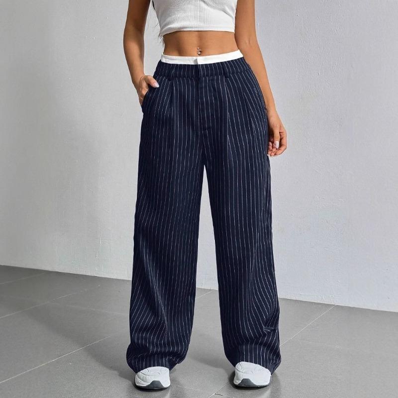 European American New Women's Japanese Korean Casual Color Matching Simple Drape Straight Trousers with Wide Legs Pants