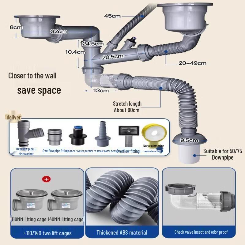 Xihhe Double Sink Odor-Proof Drain Pipe Kit