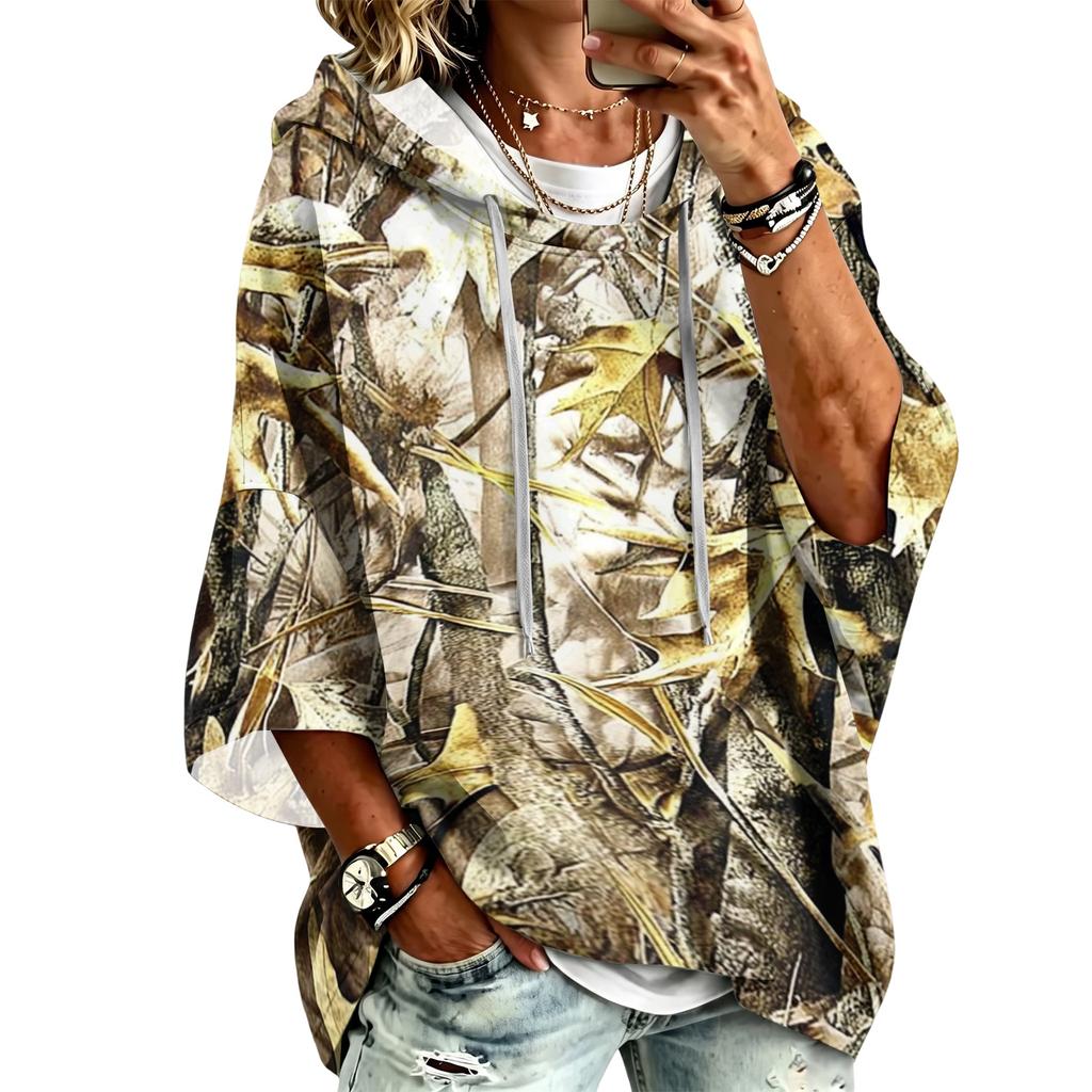 Women's Fashion Three-Quarter Sleeve Leaf Print Hooded Pullover Top