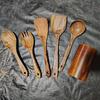 Teak 9-Piece Kitchen Set: Solid Wood Spatula, Spoon, Fork, Non-stick Pan, Acacia Wood Utensils, Long Handle Pot & Vegetable Spatula