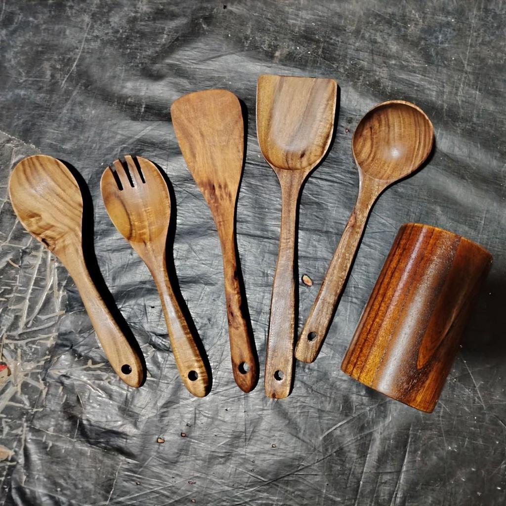 Teak 9-Piece Kitchen Set: Solid Wood Spatula, Spoon, Fork, Non-stick Pan, Acacia Wood Utensils, Long Handle Pot & Vegetable Spatula
