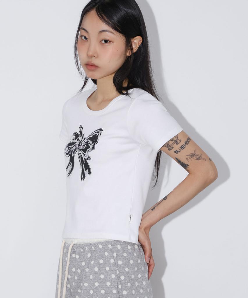 CHICKS Black Ribbon Crop Short Sleeve Tee White