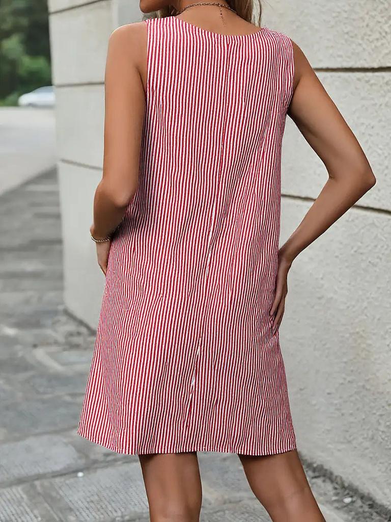 Vestito Estivo Mini A Righe da Donna con Scollo Tondo, Bottoni, Bretelle, Tasca, Casual, Slim