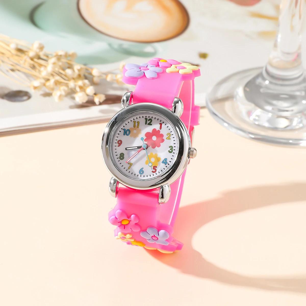 

Cute Sweet Colored Flower Cartoon Watch, Pink Silicone Tape Quartz Cartoon Schoolgirl Watches Kid s Quartz Wristwatches ярко-розовый