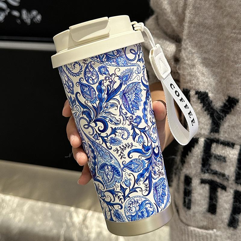 530ml Blue Paisley Floral 316 Stainless Steel Coffee Tumbler, Dual Sip Vacuum Insulated Travel Cup with Carry Lanyard