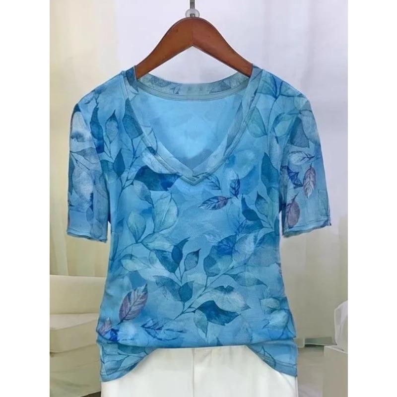 

Женская сетчатая футболка с синим принтом в виде листьев, короткий рукав, V-образный вырез, повседневный топ L