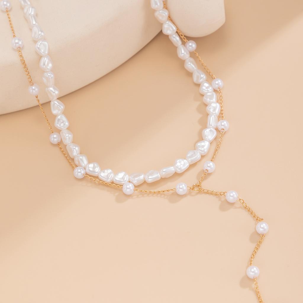 Premium Feeling Pearl Beaded Multi-Layer Collarbone Chain Personalised Y Shape Pearl Tassel Necklace Set
