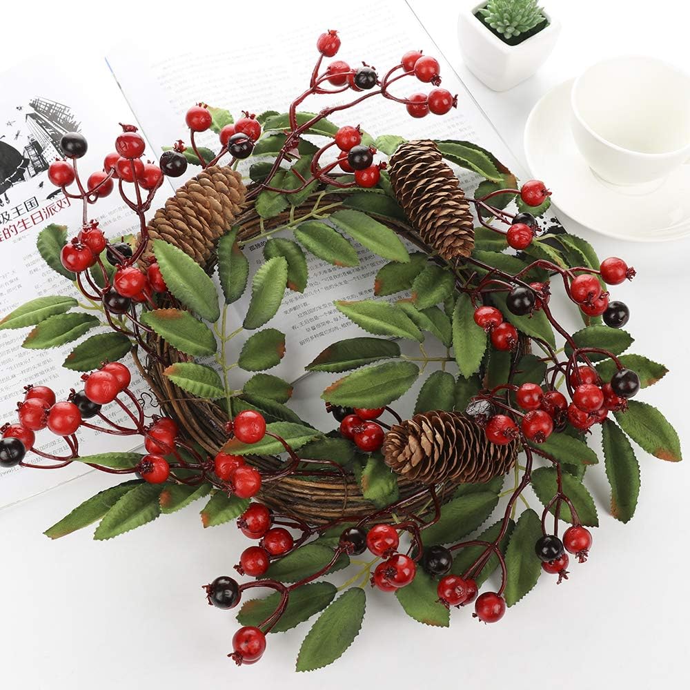 Door Wreath for All Seasons 15.7 Inch Fall Door Wreath Berries, Pinecone and Foliage Christmas Wreath for Front Door or Indoor Wall Décor