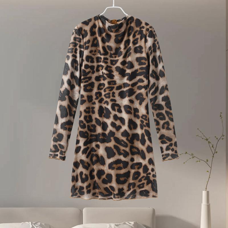 

Мини-платье с леопардовым принтом для женщин, весна-лето, с длинным рукавом, облегающее, с круглым вырезом, на бедрах, модное, винтажное, вечернее платье L