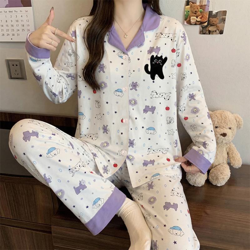 Spring and Autumn New Imitation Cotton Pajamas Women's High-end Plaid Long-sleeved Cartoon Embroidered Loungewear Two-piece Set