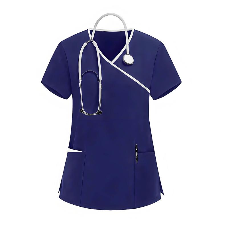 

Women s Stretch Quick Dry V Neck Short Sleeve Scrub Top with Pockets for Healthcare Work Uniforms S тёмно-синий
