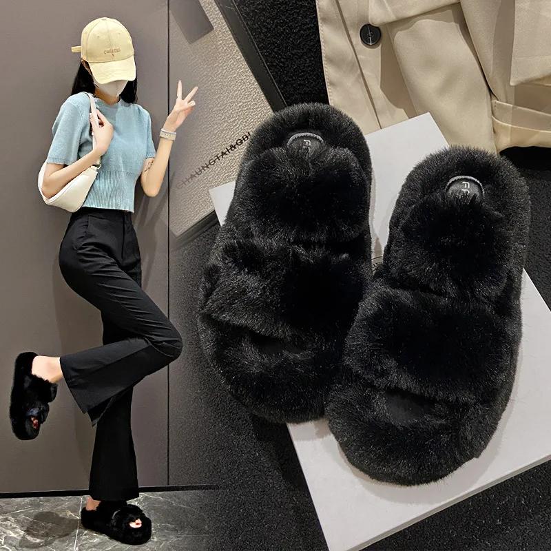 2024 Podzim/Zima Nové Ležérní Univerzální Líné Bavlněné Pantofle Líný Styl Silná Podrážka Plyšové Pantofle pro Ženy