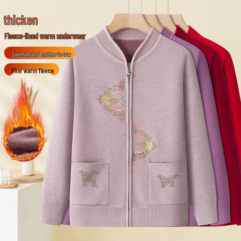 Elegant Embroidered Knit Zipper Cardigan for Middle-Aged & Elderly Women - Autumn/Winter Velvet Pullover