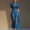 Women's Point Collar Short Sleeve Denim Midi Dress Straight Fit Mid Rise Minimalist Mesh Patchwork Shirt Dress
