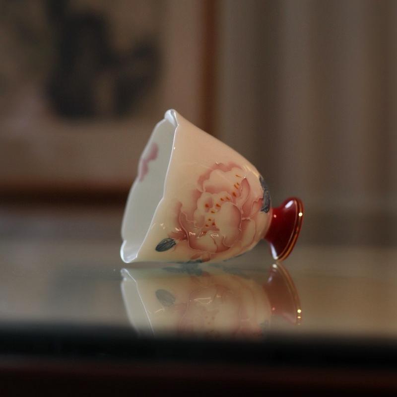 Pure handmade flower mouth master cup hand-painted stacking peony tea cup high-grade gold-painted tea cup Kung Fu tea