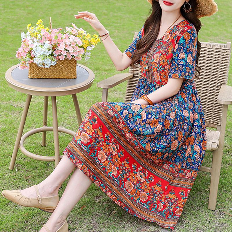 Elegant Women's Dress Summer Vintage Clothes Loose Short Sleeve Plus Size Casual Long Dresses