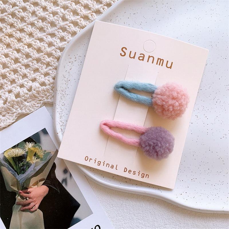 2pcs/set Cute Pompoms Hair Clip For Kids Ball Hairclip Pink Barrettes Baby Kawaii Hair Clips Toddler Girl Hair Accessories