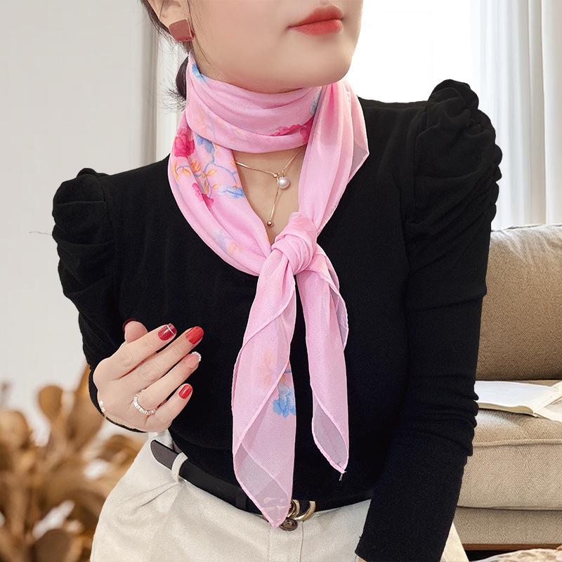 Large 95cm Square Korean Silk Chiffon Scarf for Women - Printed Neck or Head Scarf