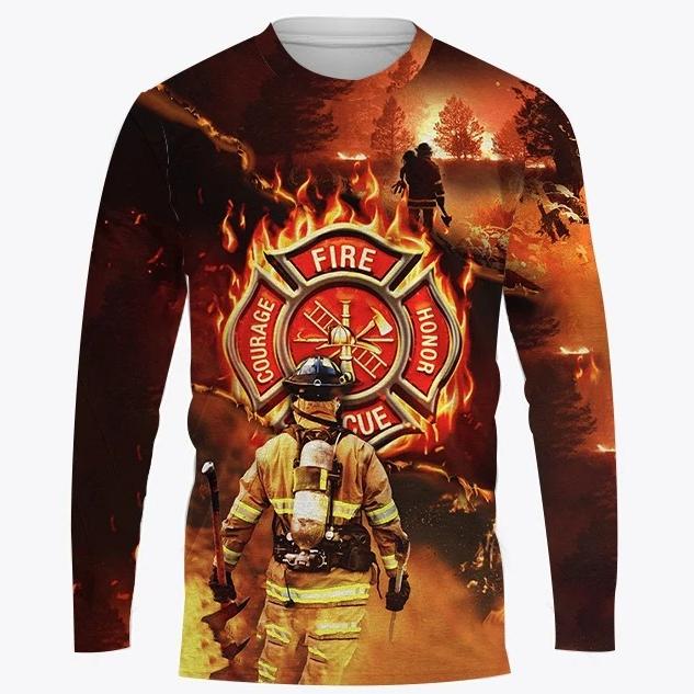 Firefighter Graphic Printed Autumn Men's O-Neck T-shirt Casual Long Sleeve Oversized Pullover Fashion Streetwear
