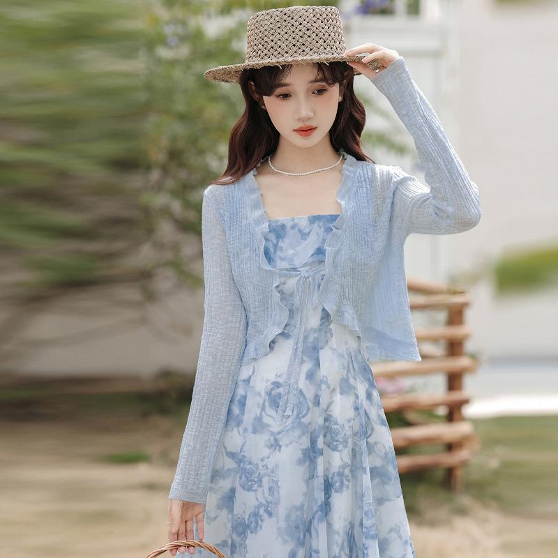 Spring Summer Sunscreen Cardigan with Suspender Dress High-end Fairy Style Super Fairy Forest Skirt