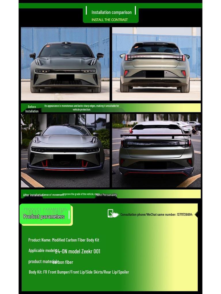 Premium Carbon Fiber Body Kit for Zeekr 001 FR: Front Bumper, Side Skirts, Rear Spoiler