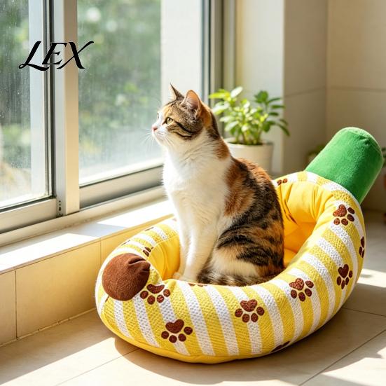 Kitten Snuggle Bed Banana Cat Bed, Cozy with Raised Edge, Cute Pet Furniture Breathable Mesh Cover, Funny for Indoor Cats Small Dogs Polyester
