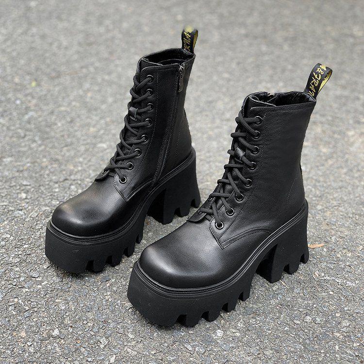 2025 Frühling und Herbst neue Martin Stiefel Damen Plateau Erhöhung Kurzstiefel Einzelstiefel Britischer Stil Dicke Ferse Hoher Absatz Quadratische Spitze Zeigt fe