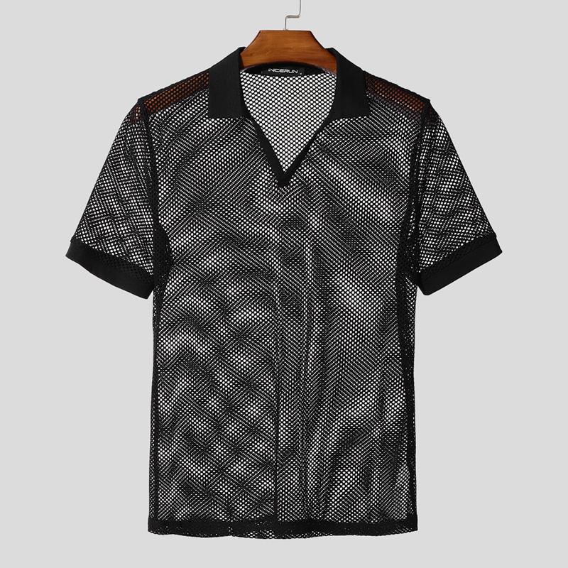 

INCERUN Men Lapel Neck Short Sleeves See Through Hollow Mesh Tops T-shirts 5XL чёрный