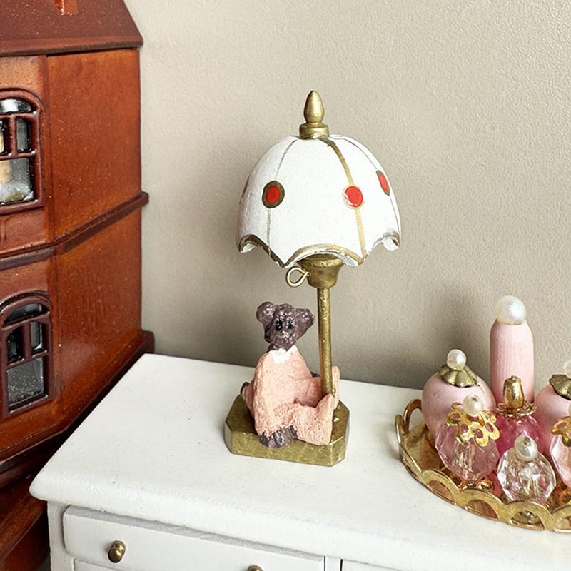 1:12 Dollhouse Miniature Bear Table Lamp White Cover Bedside Lamp Furniture Home Model Decor Toy Doll House Accessories