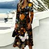 Women's Stylish Halloween Print Long Sleeve V-Neck Casual Dress with Pockets