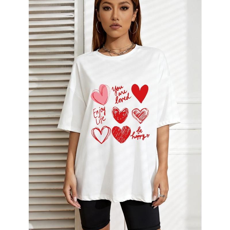 

White T Shirt With Heart Pattern And Love Messages For Casual Wear XXXXL білий