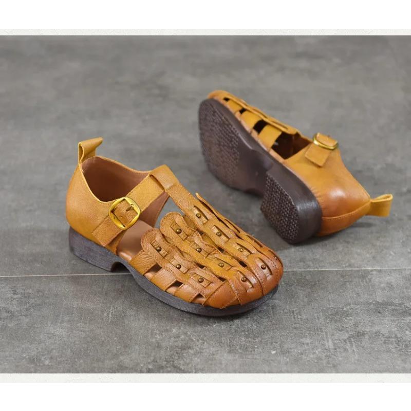 Johnature Genuine Leather Round Toe Soft Soled Sandals Hollow Out Breathable Low Heel Women's Shoes