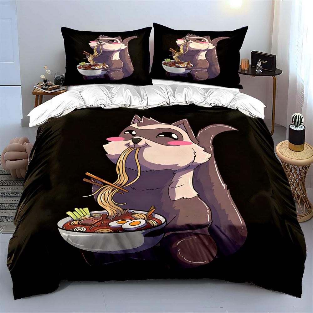 Funny Cartoon Raccoon Noodle Set Soft Comfortable Duvet Cover Bedding Set Included 1*Duvet Cover & 2*Pillowcases, Gift