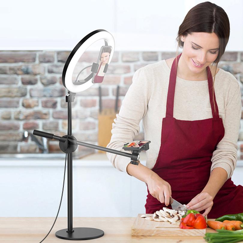 

10-дюймовый кольцевой светильник для селфи, верхний настольный круглый штатив, регулируемый кронштейн для съемки видео, прямая трансляция YouTube TikTok Tri-color light